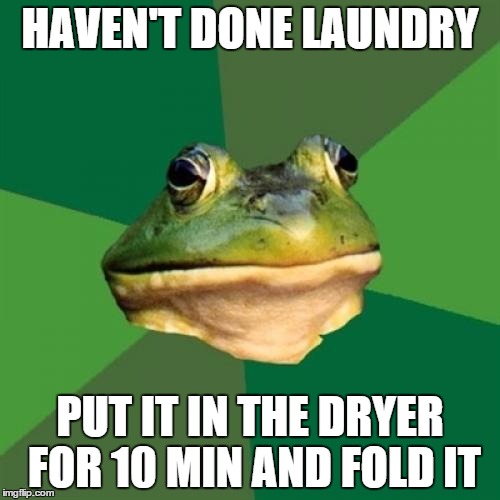 Foul Bachelor Frog | HAVEN'T DONE LAUNDRY PUT IT IN THE DRYER FOR 10 MIN AND FOLD IT | image tagged in memes,foul bachelor frog | made w/ Imgflip meme maker