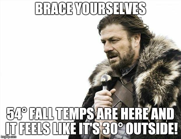 Brrrr!!!! Must adjust to season changing! | BRACE YOURSELVES 54° FALL TEMPS ARE HERE AND IT FEELS LIKE IT'S 30° OUTSIDE! | image tagged in memes,brace yourselves x is coming | made w/ Imgflip meme maker