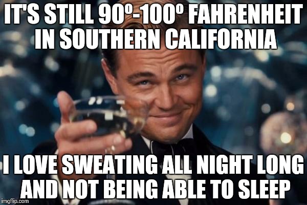 Leonardo Dicaprio Cheers Meme | IT'S STILL 90º-100º FAHRENHEIT IN SOUTHERN CALIFORNIA I LOVE SWEATING ALL NIGHT LONG AND NOT BEING ABLE TO SLEEP | image tagged in memes,leonardo dicaprio cheers | made w/ Imgflip meme maker