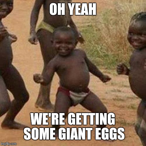 Third World Success Kid Meme | OH YEAH WE'RE GETTING SOME GIANT EGGS | image tagged in memes,third world success kid | made w/ Imgflip meme maker