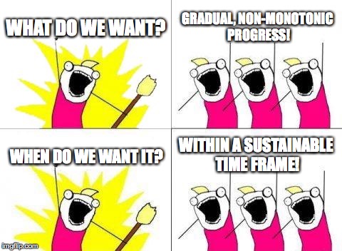 What Do We Want | WHAT DO WE WANT? GRADUAL, NON-MONOTONIC PROGRESS! WHEN DO WE WANT IT? WITHIN A SUSTAINABLE TIME FRAME! | image tagged in memes,what do we want | made w/ Imgflip meme maker