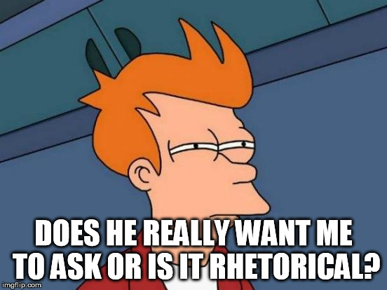Futurama Fry Meme | DOES HE REALLY WANT ME TO ASK OR IS IT RHETORICAL? | image tagged in memes,futurama fry | made w/ Imgflip meme maker