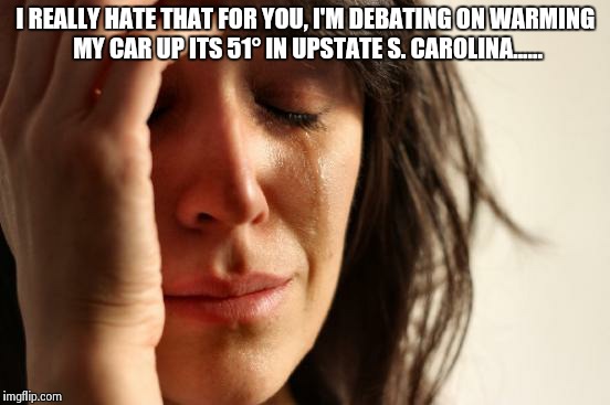 First World Problems Meme | I REALLY HATE THAT FOR YOU, I'M DEBATING ON WARMING MY CAR UP ITS 51° IN UPSTATE S. CAROLINA...... | image tagged in memes,first world problems | made w/ Imgflip meme maker