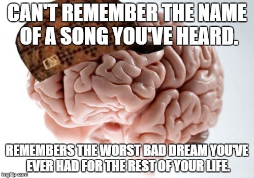 Scumbag Brain | CAN'T REMEMBER THE NAME OF A SONG YOU'VE HEARD. REMEMBERS THE WORST BAD DREAM YOU'VE EVER HAD FOR THE REST OF YOUR LIFE. | image tagged in memes,scumbag brain | made w/ Imgflip meme maker