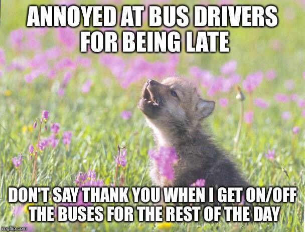 Baby Insanity Wolf | ANNOYED AT BUS DRIVERS FOR BEING LATE DON'T SAY THANK YOU WHEN I GET ON/OFF THE BUSES FOR THE REST OF THE DAY | image tagged in memes,baby insanity wolf,AdviceAnimals | made w/ Imgflip meme maker
