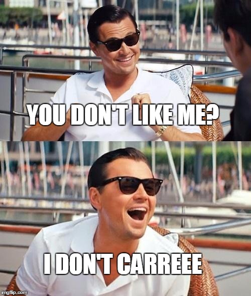 Leonardo Dicaprio Wolf Of Wall Street | YOU DON'T LIKE ME? I DON'T CARREEE | image tagged in memes,leonardo dicaprio wolf of wall street | made w/ Imgflip meme maker
