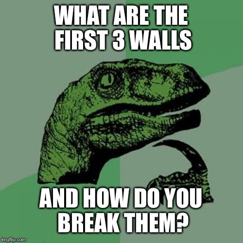 Philosoraptor Meme | WHAT ARE THE FIRST 3 WALLS AND HOW DO YOU BREAK THEM? | image tagged in memes,philosoraptor | made w/ Imgflip meme maker