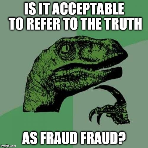Philosoraptor Meme | IS IT ACCEPTABLE TO REFER TO THE TRUTH AS FRAUD FRAUD? | image tagged in memes,philosoraptor | made w/ Imgflip meme maker