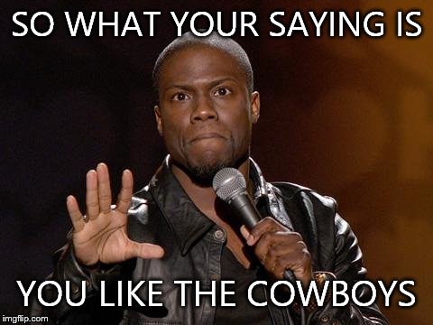 kevin hart | SO WHAT YOUR SAYING IS YOU LIKE THE COWBOYS | image tagged in kevin hart | made w/ Imgflip meme maker