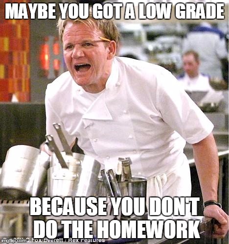 Chef Gordon Ramsay Meme | MAYBE YOU GOT A LOW GRADE BECAUSE YOU DON'T DO THE HOMEWORK | image tagged in memes,chef gordon ramsay | made w/ Imgflip meme maker