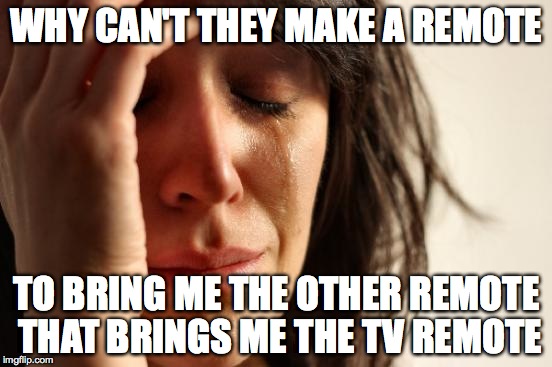 First World Problems | WHY CAN'T THEY MAKE A REMOTE TO BRING ME THE OTHER REMOTE THAT BRINGS ME THE TV REMOTE | image tagged in memes,first world problems | made w/ Imgflip meme maker