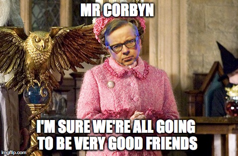 Things at Hogwarts are far worse than I feared. | MR CORBYN I'M SURE WE'RE ALL GOING TO BE VERY GOOD FRIENDS | image tagged in jeremy corbyn,michael gove,harry potter,minister for magic | made w/ Imgflip meme maker