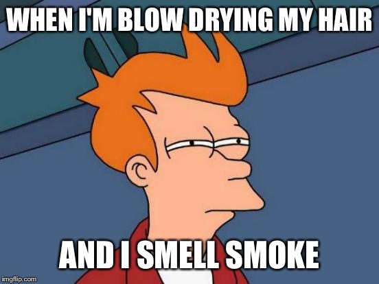 Futurama Fry | WHEN I'M BLOW DRYING MY HAIR AND I SMELL SMOKE | image tagged in memes,futurama fry | made w/ Imgflip meme maker