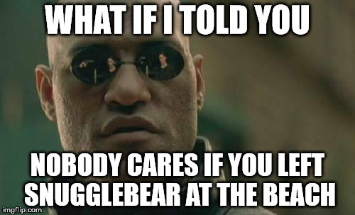 Matrix Morpheus | WHAT IF I TOLD YOU NOBODY CARES IF YOU LEFT SNUGGLEBEAR AT THE BEACH | image tagged in memes,matrix morpheus | made w/ Imgflip meme maker