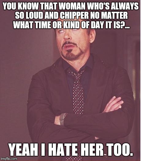 Face You Make Robert Downey Jr Meme | YOU KNOW THAT WOMAN WHO'S ALWAYS SO LOUD AND CHIPPER NO MATTER WHAT TIME OR KIND OF DAY IT IS?... YEAH I HATE HER TOO. | image tagged in memes,face you make robert downey jr | made w/ Imgflip meme maker