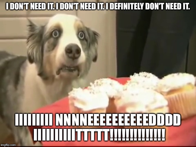 I DON'T NEED IT. I DON'T NEED IT. I DEFINITELY DON'T NEED IT. IIIIIIIII NNNNEEEEEEEEEEDDDD IIIIIIIIIITTTTT!!!!!!!!!!!!!! | image tagged in cupcakes,dog | made w/ Imgflip meme maker