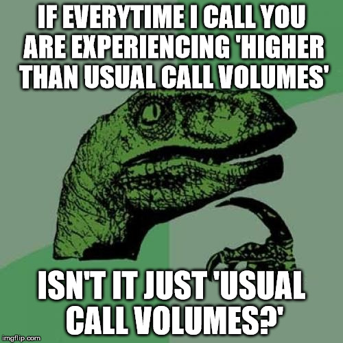 Philosoraptor Meme | IF EVERYTIME I CALL YOU ARE EXPERIENCING 'HIGHER THAN USUAL CALL VOLUMES' ISN'T IT JUST 'USUAL CALL VOLUMES?' | image tagged in memes,philosoraptor,AdviceAnimals | made w/ Imgflip meme maker
