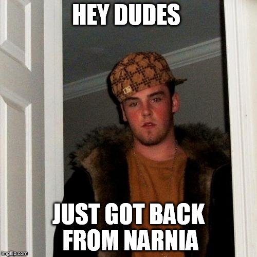 Scumbag Steve | HEY DUDES JUST GOT BACK FROM NARNIA | image tagged in memes,scumbag steve | made w/ Imgflip meme maker