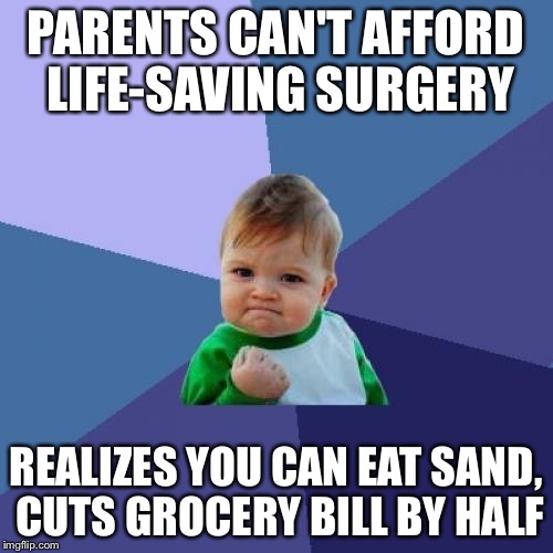 Success Kid Meme | PARENTS CAN'T AFFORD LIFE-SAVING SURGERY REALIZES YOU CAN EAT SAND, CUTS GROCERY BILL BY HALF | image tagged in memes,success kid | made w/ Imgflip meme maker