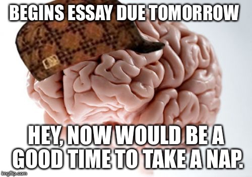 Scumbag Brain Meme | BEGINS ESSAY DUE TOMORROW HEY, NOW WOULD BE A GOOD TIME TO TAKE A NAP. | image tagged in memes,scumbag brain | made w/ Imgflip meme maker