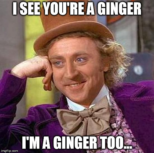 Creepy Condescending Wonka Meme | I SEE YOU'RE A GINGER I'M A GINGER TOO... | image tagged in memes,creepy condescending wonka | made w/ Imgflip meme maker