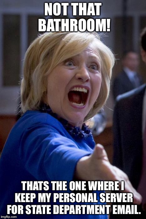 WTF Hillary | NOT THAT BATHROOM! THATS THE ONE WHERE I KEEP MY PERSONAL SERVER FOR STATE DEPARTMENT EMAIL. | image tagged in wtf hillary | made w/ Imgflip meme maker