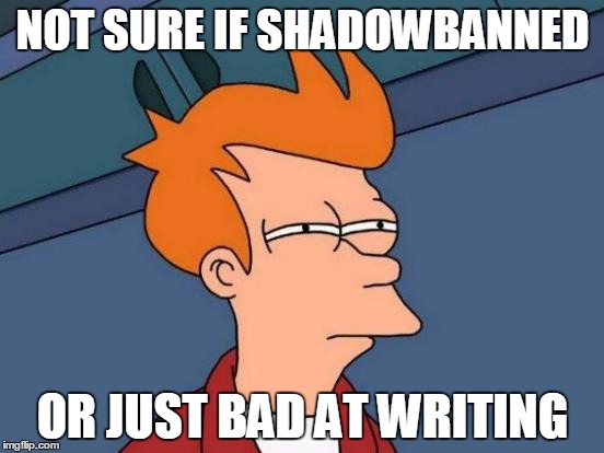 Futurama Fry | NOT SURE IF SHADOWBANNED OR JUST BAD AT WRITING | image tagged in memes,futurama fry | made w/ Imgflip meme maker