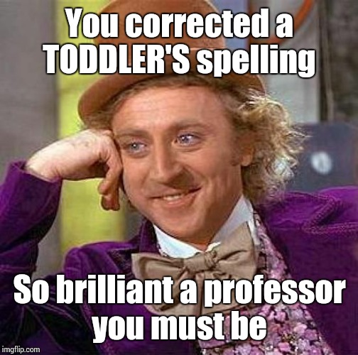 Creepy Condescending Wonka Meme | You corrected a TODDLER'S spelling So brilliant a professor you must be | image tagged in memes,creepy condescending wonka | made w/ Imgflip meme maker