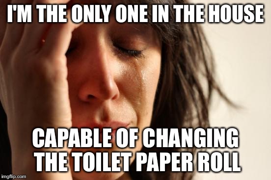 First World Problems Meme | I'M THE ONLY ONE IN THE HOUSE CAPABLE OF CHANGING THE TOILET PAPER ROLL | image tagged in memes,first world problems | made w/ Imgflip meme maker