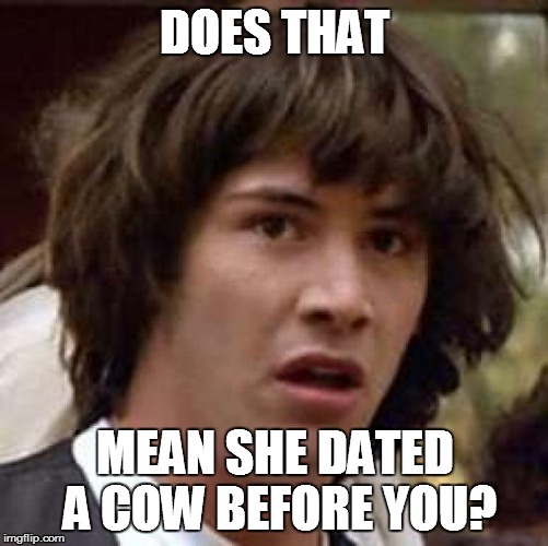 Conspiracy Keanu Meme | DOES THAT MEAN SHE DATED A COW BEFORE YOU? | image tagged in memes,conspiracy keanu | made w/ Imgflip meme maker