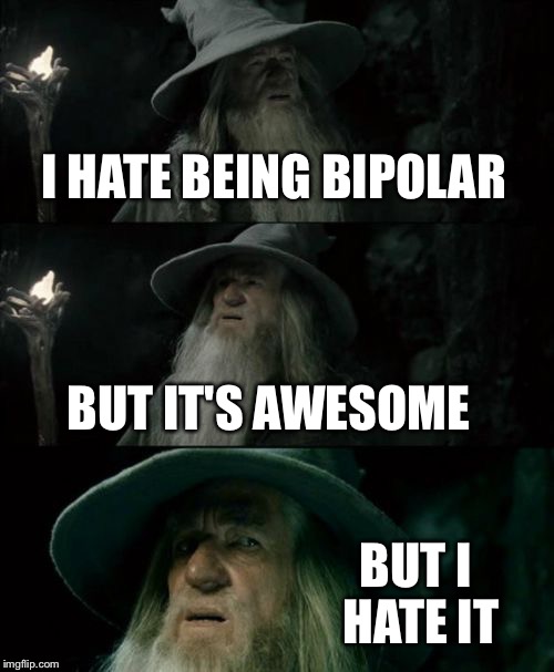 Confused Gandalf Meme | I HATE BEING BIPOLAR BUT IT'S AWESOME BUT I HATE IT | image tagged in memes,confused gandalf | made w/ Imgflip meme maker