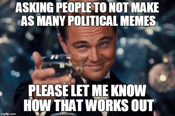 Leonardo Dicaprio Cheers Meme | ASKING PEOPLE TO NOT MAKE AS MANY POLITICAL MEMES PLEASE LET ME KNOW HOW THAT WORKS OUT | image tagged in memes,leonardo dicaprio cheers | made w/ Imgflip meme maker