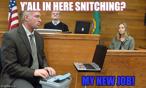 Court Reporter | Y'ALL IN HERE SNITCHING? MY NEW JOB! | image tagged in court reporter | made w/ Imgflip meme maker