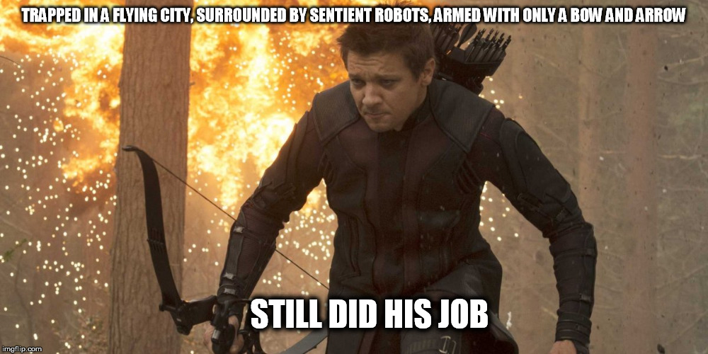 Just do your damn job! | TRAPPED IN A FLYING CITY, SURROUNDED BY SENTIENT ROBOTS, ARMED WITH ONLY A BOW AND ARROW STILL DID HIS JOB | image tagged in hawkeye,kim davis,age of ultron | made w/ Imgflip meme maker