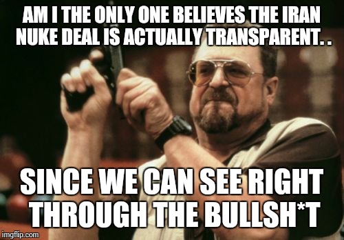 Am I The Only One Around Here | AM I THE ONLY ONE BELIEVES THE IRAN NUKE DEAL IS ACTUALLY TRANSPARENT. . SINCE WE CAN SEE RIGHT THROUGH THE BULLSH*T | image tagged in memes,am i the only one around here | made w/ Imgflip meme maker