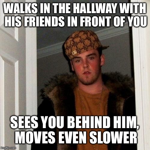 Story of my high school life | WALKS IN THE HALLWAY WITH HIS FRIENDS IN FRONT OF YOU SEES YOU BEHIND HIM, MOVES EVEN SLOWER | image tagged in memes,scumbag steve | made w/ Imgflip meme maker