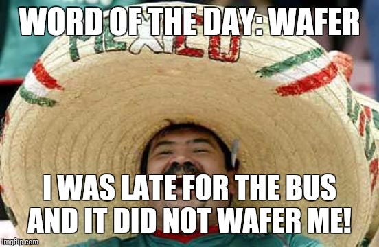 Happy Mexican | WORD OF THE DAY: WAFER I WAS LATE FOR THE BUS AND IT DID NOT WAFER ME! | image tagged in happy mexican | made w/ Imgflip meme maker