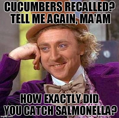 Creepy Condescending Wonka Meme | CUCUMBERS RECALLED? TELL ME AGAIN, MA'AM HOW EXACTLY DID YOU CATCH SALMONELLA? | image tagged in memes,creepy condescending wonka | made w/ Imgflip meme maker