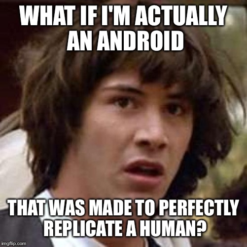 Gotta be careful, my toaster might be watching... | WHAT IF I'M ACTUALLY AN ANDROID THAT WAS MADE TO PERFECTLY REPLICATE A HUMAN? | image tagged in memes,conspiracy keanu | made w/ Imgflip meme maker
