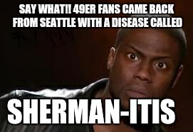 Kevin Hart | SAY WHAT!! 49ER FANS CAME BACK FROM SEATTLE WITH A DISEASE CALLED SHERMAN-ITIS | image tagged in memes,kevin hart the hell | made w/ Imgflip meme maker