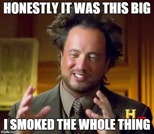 Ancient Aliens | HONESTLY IT WAS THIS BIG I SMOKED THE WHOLE THING | image tagged in memes,ancient aliens | made w/ Imgflip meme maker