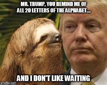 Political advice sloth | MR. TRUMP, YOU REMIND ME OF ALL 20 LETTERS OF THE ALPHABET.... AND I DON'T LIKE WAITING | image tagged in political advice sloth | made w/ Imgflip meme maker