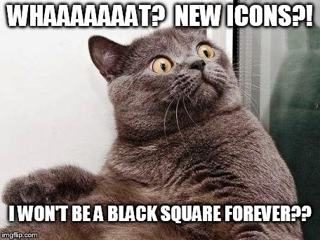 surprised cat | WHAAAAAAAT?  NEW ICONS?! I WON'T BE A BLACK SQUARE FOREVER?? | image tagged in surprised cat | made w/ Imgflip meme maker