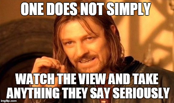 One Does Not Simply | ONE DOES NOT SIMPLY WATCH THE VIEW AND TAKE ANYTHING THEY SAY SERIOUSLY | image tagged in memes,one does not simply | made w/ Imgflip meme maker