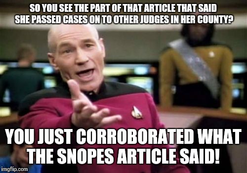 Picard Wtf Meme | SO YOU SEE THE PART OF THAT ARTICLE THAT SAID SHE PASSED CASES ON TO OTHER JUDGES IN HER COUNTY? YOU JUST CORROBORATED WHAT THE SNOPES ARTIC | image tagged in memes,picard wtf | made w/ Imgflip meme maker