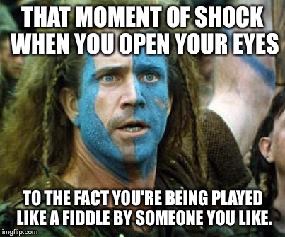 Braveheart | THAT MOMENT OF SHOCK WHEN YOU OPEN YOUR EYES TO THE FACT YOU'RE BEING PLAYED LIKE A FIDDLE BY SOMEONE YOU LIKE. | image tagged in braveheart | made w/ Imgflip meme maker