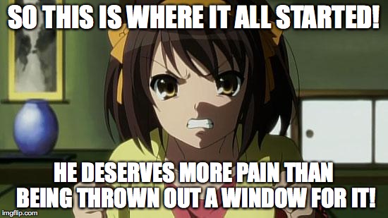 Angry Haruhi | SO THIS IS WHERE IT ALL STARTED! HE DESERVES MORE PAIN THAN BEING THROWN OUT A WINDOW FOR IT! | image tagged in angry haruhi | made w/ Imgflip meme maker