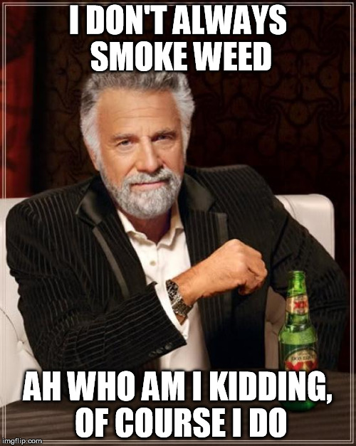 The Most Interesting Man In The World Meme | I DON'T ALWAYS SMOKE WEED AH WHO AM I KIDDING, OF COURSE I DO | image tagged in memes,the most interesting man in the world | made w/ Imgflip meme maker