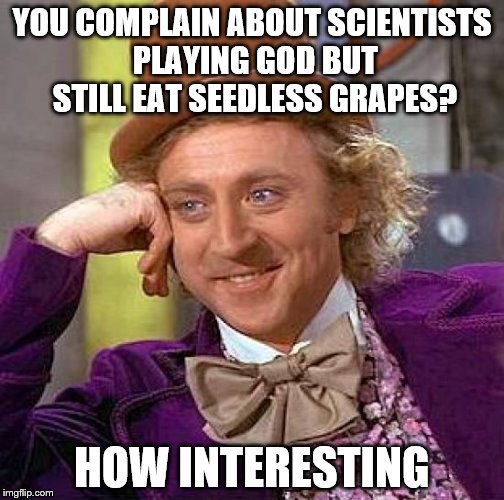 Creepy Condescending Wonka | YOU COMPLAIN ABOUT SCIENTISTS PLAYING GOD BUT STILL EAT SEEDLESS GRAPES? HOW INTERESTING | image tagged in memes,creepy condescending wonka | made w/ Imgflip meme maker