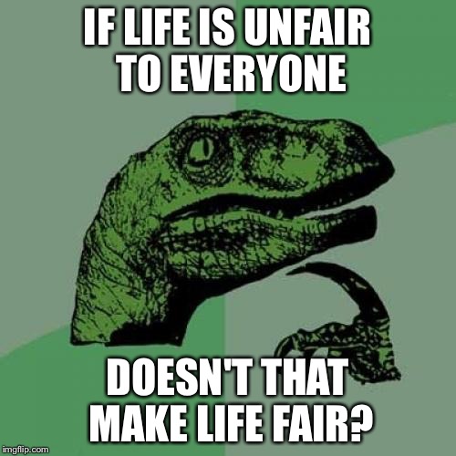 Life is Unfair | IF LIFE IS UNFAIR TO EVERYONE DOESN'T THAT MAKE LIFE FAIR? | image tagged in memes,philosoraptor,funny,funny memes,life | made w/ Imgflip meme maker